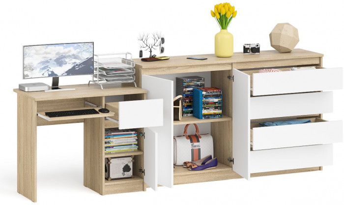 Мори Стол компьютерный МС-1 правый + Комод МК1600.1, цвет дуб сонома/белый, ШхГхВ 250,4х50х94 см., выдвижной ящик справа, НЕ универсальная сборка