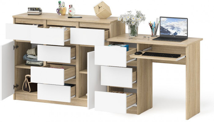 Мори Стол компьютерный МС-6 левый + Комод МК1200.4, цвет дуб сонома/белый, ШхГхВ 210,4х50х94 см., выдвижные ящики слева, НЕ универсальная сборка