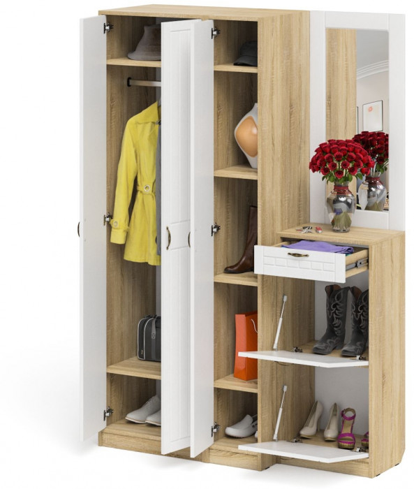 Прихожая П-6 Компоновка № 49, дуб сонома/фасады МДФ белое дерево фрезеровка прованс