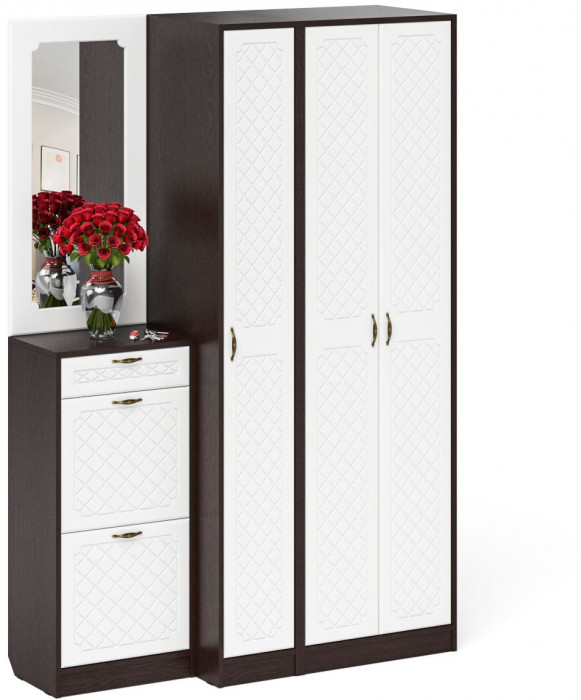 Прихожая П-6 Компоновка № 49, цвет венге/фасады МДФ белое дерево фрезеровка ромб, ШхГхВ 140х50х210 см., универсальная сборка