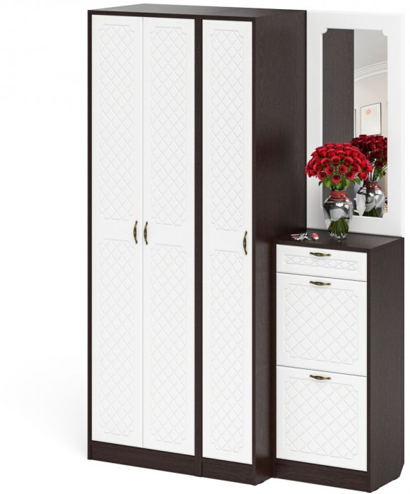 Прихожая П-6 Компоновка № 49, цвет венге/фасады МДФ белое дерево фрезеровка ромб, ШхГхВ 140х50х210 см., универсальная сборка