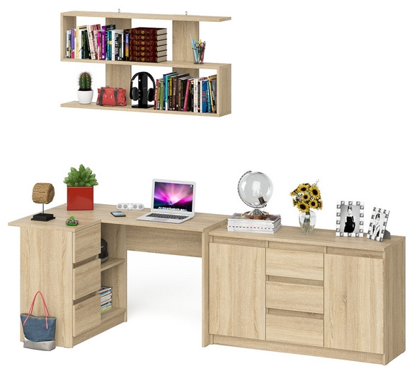 Мори компьютерный стол МС-16 левый + Комод МК1200.3 + Полка 1200, дуб сонома
