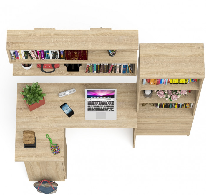 Мори компьютерный стол МС-16 левый + Стеллаж МСТ600.3 + Полка 1200, дуб сонома