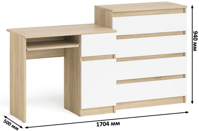 Мори Стол компьютерный МС-1 правый + Комод МК800.4, цвет дуб сонома/белый, ШхГхВ 170,4х50х94 см., выдвижной ящик справа, НЕ универсальная сборка