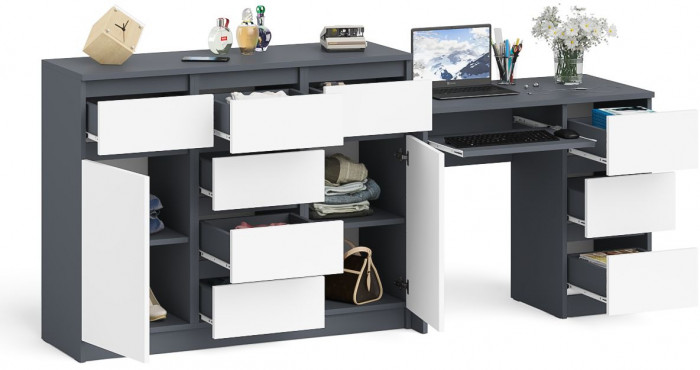 Мори Стол компьютерный МС-6 правый + Комод МК1200.4, цвет графит/белый, ШхГхВ 210,4х50х94 см., выдвижные ящики справа, НЕ универсальная сборка