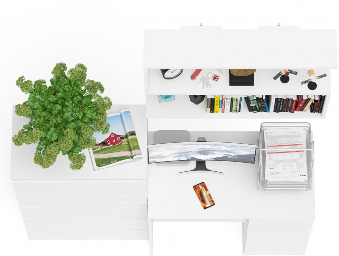 Мори Стол компьютерный МС-1 правый + Комод МК700.5 + Полка 900, цвет белый, ШхГхВ 160,4х50х209,6 см., НЕ универсальная сборка