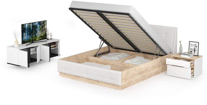 Муссон Кровать 11.28 + подъёмный ортопед + Тумба 16.03 + Тумба ТВ 13.276, цвет белый/чёрный/дуб эндгрейн элегантный/кожзам белый, 1600х2000 мм., б/м