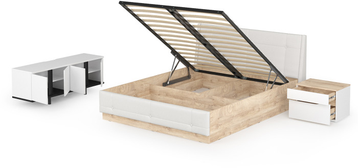 Муссон Кровать 11.28 + подъёмный ортопед + Тумба 16.03 + Тумба ТВ 13.276, цвет белый/чёрный/дуб эндгрейн элегантный/кожзам белый, 1600х2000 мм., б/м