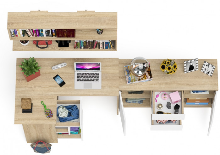 Мори компьютерный стол МС-16 левый + Комод МК1200.3 + Полка 1200, дуб сонома/белый