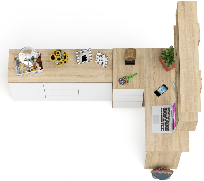 Мори компьютерный стол МС-16 левый + Комод МК1200.3 + Полка 1200, дуб сонома/белый