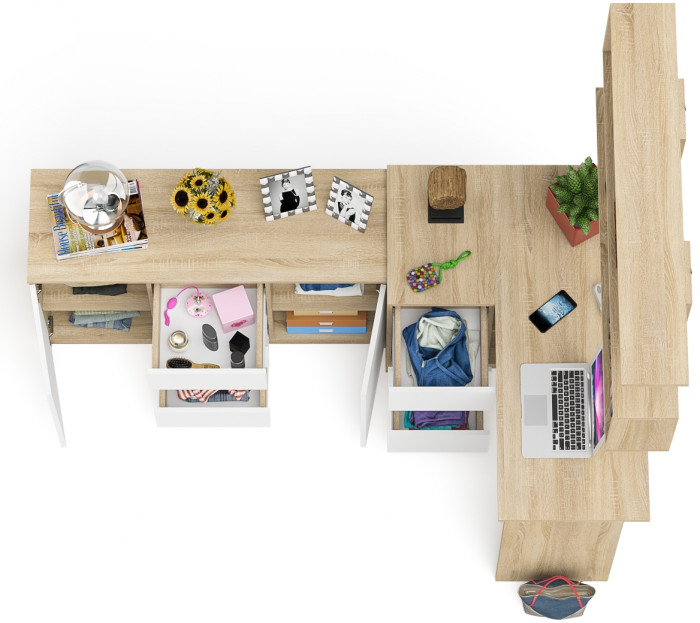 Мори компьютерный стол МС-16 левый + Комод МК1200.3 + Полка 1200, дуб сонома/белый