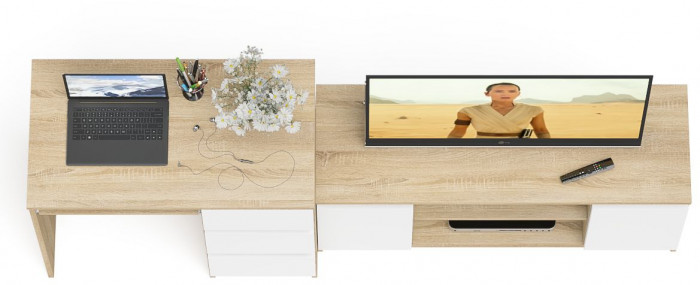 Мори компьютерный стол МС-6 правый + Тумба МТВ1200.1, дуб сонома/белый