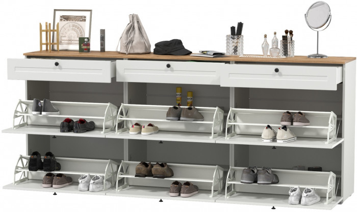 Остин 16.121 Тумба для обуви + 16.121 Тумба д/обуви + 16.121, белый шагрень/серый графит/дуб крафт золотой