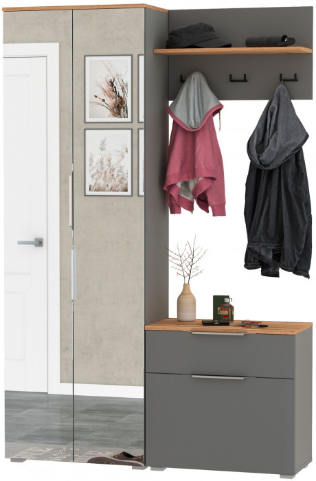 Октава Прихожая 10, цвет серый графит/дуб крафт золотой/фасады МДФ серый графит, ШхГхВ 129,3х35,4х197,6 см., универсальная сборка