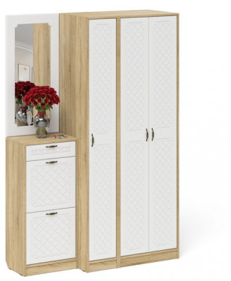 Прихожая П-6 Компоновка № 49, цвет дуб сонома/фасады МДФ белое дерево фрезеровка ромб, ШхГхВ 140х50х210 см., универсальная сборка