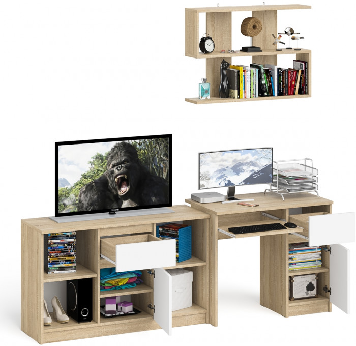 Мори компьютерный стол МС-1 правый + Тумба МТВ1204.1 + Полка 900, дуб сонома/белый
