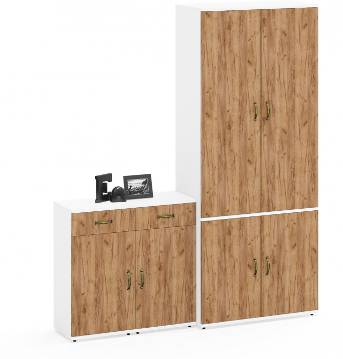 Лидер-8 Шкаф МД 20Б + Тумба МД 3.15 + Тумба МД 3.15, цвет белый шагрень/крафт золото, ШхГхВ 160х37,5х190 см., НЕ универсальная сборка