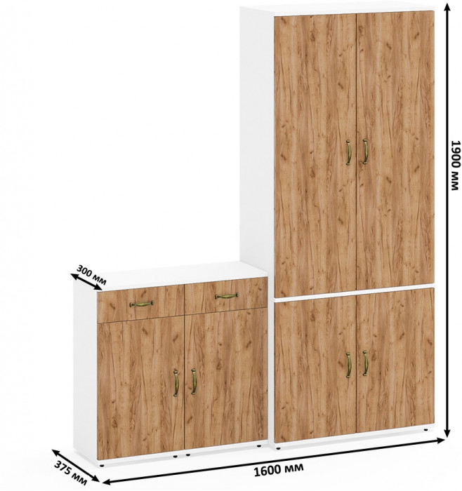 Лидер-8 Шкаф МД 20Б + Тумба МД 3.15 + Тумба МД 3.15, цвет белый шагрень/крафт золото, ШхГхВ 160х37,5х190 см., НЕ универсальная сборка