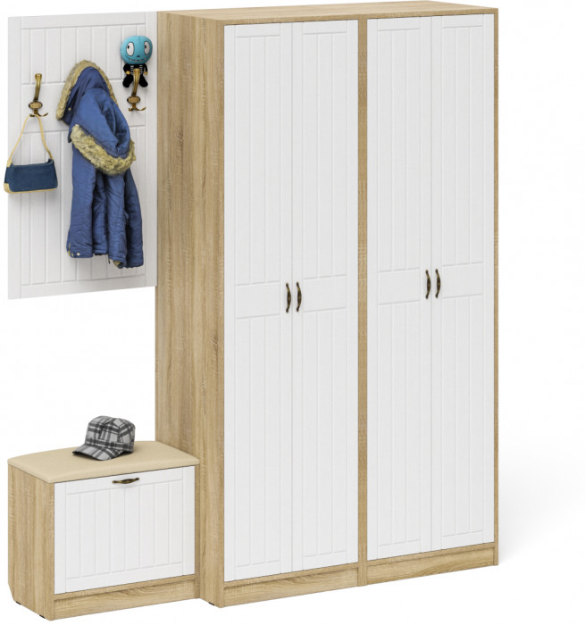 Прихожая П-6 Компоновка № 09, цвет дуб сонома/фасады МДФ белое дерево фрезеровка прованс, ШхГхВ 180х50х210 см., универсальная сборка