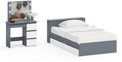Ксения Кровать с ящиками 1200 + Стол косметический с подсветкой Сура, графит/белый