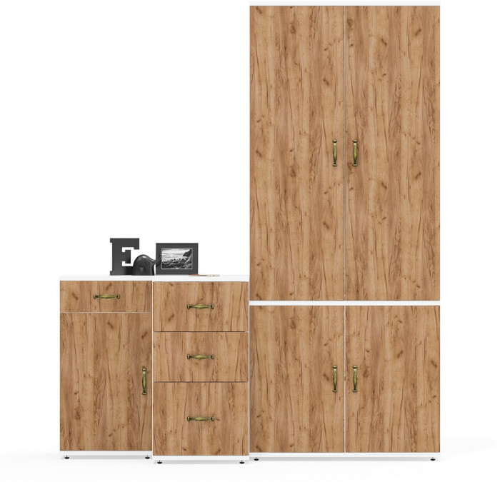 Лидер-8 Шкаф МД 20Б + Тумба МД 3.15 + Тумба МД 3.16, цвет белый шагрень/крафт золото, ШхГхВ 160х50х190 см., НЕ универсальная сборка