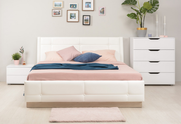 Муссон Кровать 11.28 + подъёмный ортопед, цвет дуб эндгрейн элегантный/искусственная кожа белая, ШхГхВ 177,2х224х95,3 см., сп. м. 1600х2000 мм., б/м