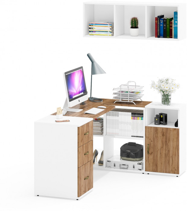 Лидер-8 Стол + Полка + Тумба МД 3.16 + Тумба МД 3.19, белый шагрень/крафт золото