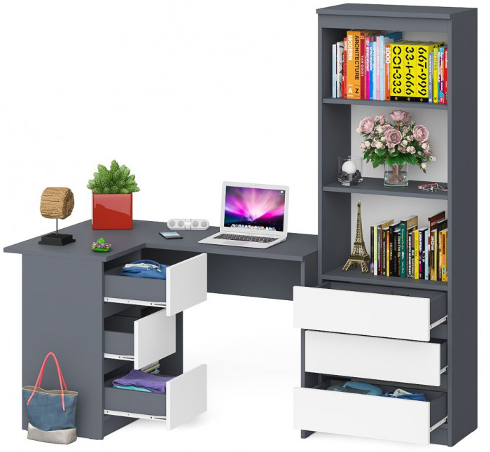 Мори компьютерный стол МС-16 левый + Стеллаж МСТ600.3, графит/белый