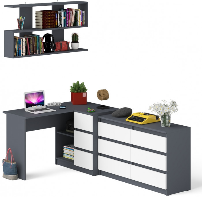 Мори компьютерный стол МС-16 правый + Комод МК1200.6 + Полка 1200, графит/белый
