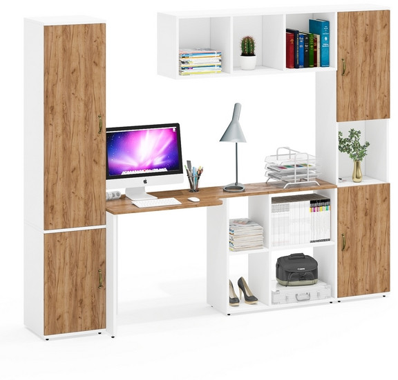 Лидер-8 Пенал МД 22Б + Стол + Полка + Пенал, цвет белый шагрень/крафт золото, ШхГхВ 245х50х75/190 или 155х120/50х75/190 см., НЕ универсальная сборка