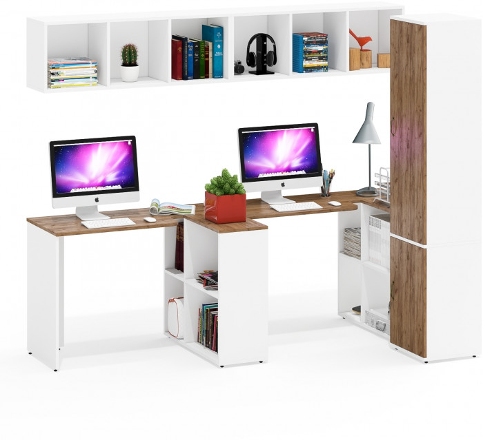 Лидер-8 Стол + Полка + Стол + Полка + Пенал МД 22Б, белый шагрень/крафт золото