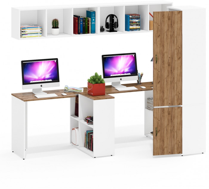 Лидер-8 Стол + Полка + Стол + Полка + Пенал МД 22Б, белый шагрень/крафт золото