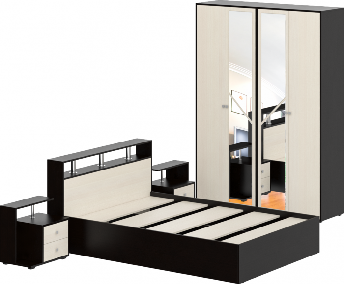 Камелия спальня № 1 Кровать 1400 + Две тумбы + Шкаф 4-х створчатый, цвет венге/дуб лоредо, сп.м. 1400х2000 мм., б/м, основание есть