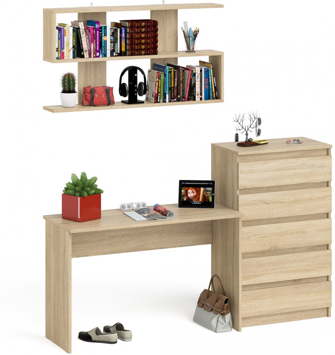Мори письменный стол МСП1200.1 + Комод МК700.5 + Полка 1200, дуб сонома