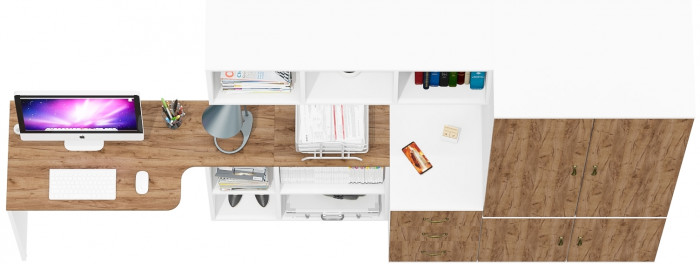 Лидер-8 Стол + Полка + Тумба МД 3.16 + Шкаф МД 19Б, белый шагрень/крафт золото