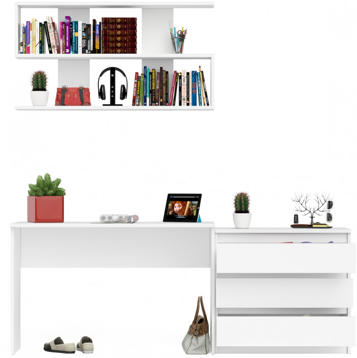 Мори Стол письменный МСП1200.1 + Комод МК800.1 + Полка 1200, цвет белый, ШхГхВ 200,8х50х209,6 см., универсальная сборка