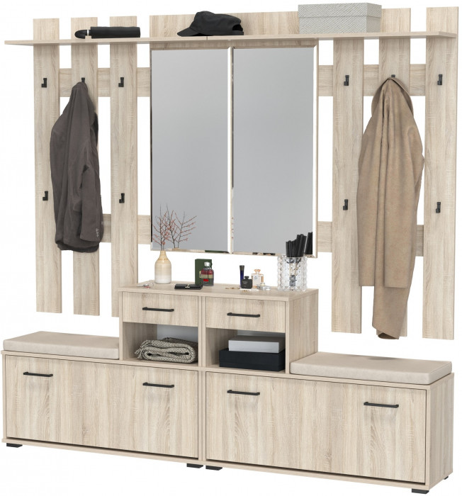 Лира ГК Прихожая 2 Два х Тумба под обувь + Два х Вешалка с зеркалом, цвет дуб сонома, ШхГхВ 200х33х185 см., универсальная сборка