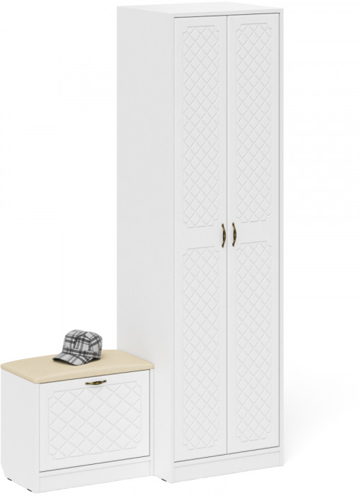 Прихожая П-6 Компоновка № 10, цвет белая шагрень/фасады МДФ белое дерево фрезеровка ромб, ШхГхВ 120х50х210 см., универсальная сборка