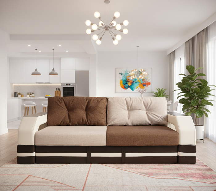 Диван-еврокнижка Манчестер, пружинный блок, 150х195, велюр/экокожа бежево-коричневый