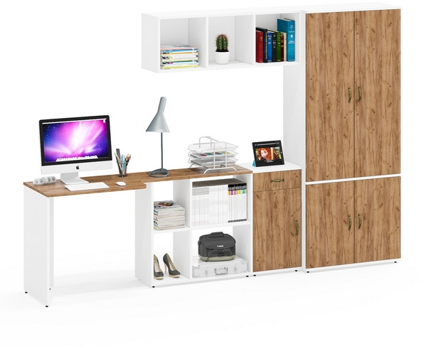 Лидер-8 Стол + Полка + Тумба МД 3.15 + Шкаф МД 20Б, цвет белый шагрень/крафт золото, ШхГхВ 285х50/37,5х75/190 или 115х200/50х75/190 см., НЕ ун. сб.