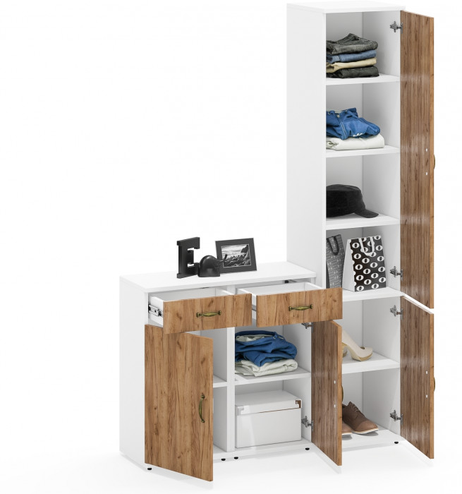 Лидер-8 Пенал МД 22Б + Тумба МД 3.15 + Тумба МД 3.15, цвет белый шагрень/крафт золото, ШхГхВ 120х37,5х190 см., универсальная сборка