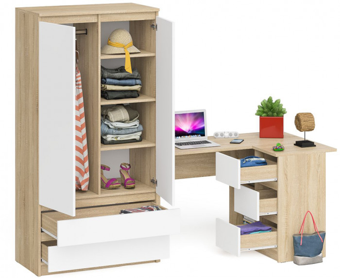 Мори компьютерный стол МС-16 правый + Шкаф МШ900.1, дуб сонома/белый