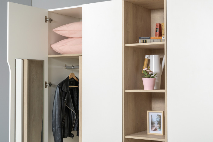 Муссон 13.198 Шкаф + 13.349 Стеллаж + 13.198 Шкаф, цвет белый/дуб эндгрейн элегантный, ШхГхВ 215х52,3х229,8 см., НЕ универсальная сборка