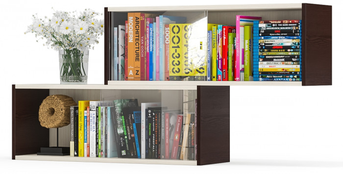 Две полки книжных С-МД-КН01, цвет венге/дуб, ШхГхВ размер каждой полки в отдельности: 83х25х30 см., стеклянные дверцы