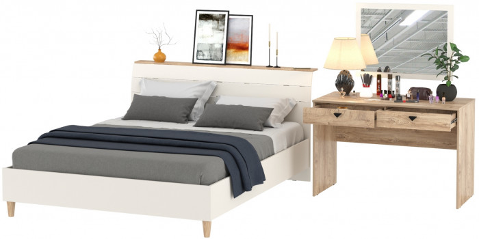 Муссон Кровать 11.41 + ортопед + Бостон 12.69 + Зеркало СВК, цвет белый/дуб эндгрейн элегантный, сп. м. 1600х2000 мм., б/м