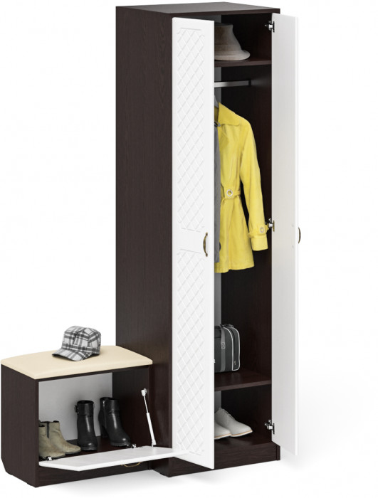 Прихожая П-6 Компоновка № 10, цвет венге/фасады МДФ белое дерево фрезеровка ромб, ШхГхВ 120х50х210 см., универсальная сборка