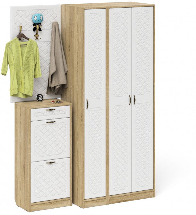 Прихожая П-6 Компоновка № 50, цвет дуб сонома/фасады МДФ белое дерево фрезеровка ромб, ШхГхВ 150х50х210 см., универсальная сборка