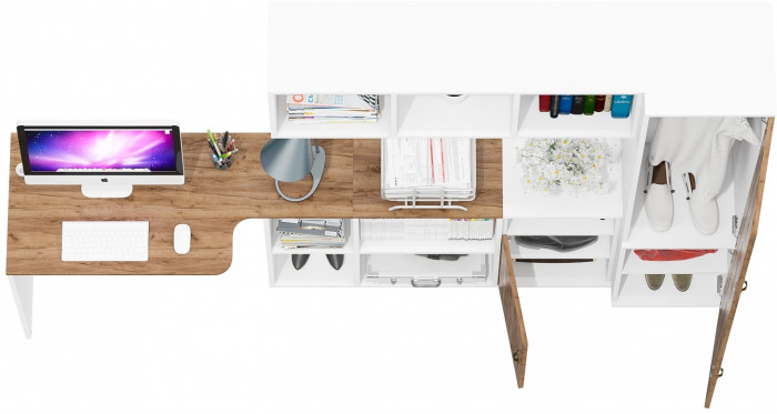 Лидер-8 Стол + Полка + Тумба МД 3.19 + Пенал МД 21Б, белый шагрень/крафт золото