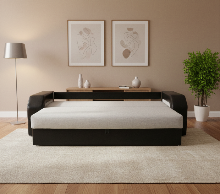 Диван-еврокнижка Манчестер 160х200, с подсветкой, велюр/экокожа серая/черная