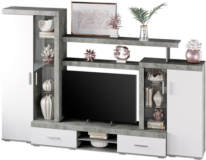 Стенка в гостиную Инстайл ЦС-02, бетон/белый